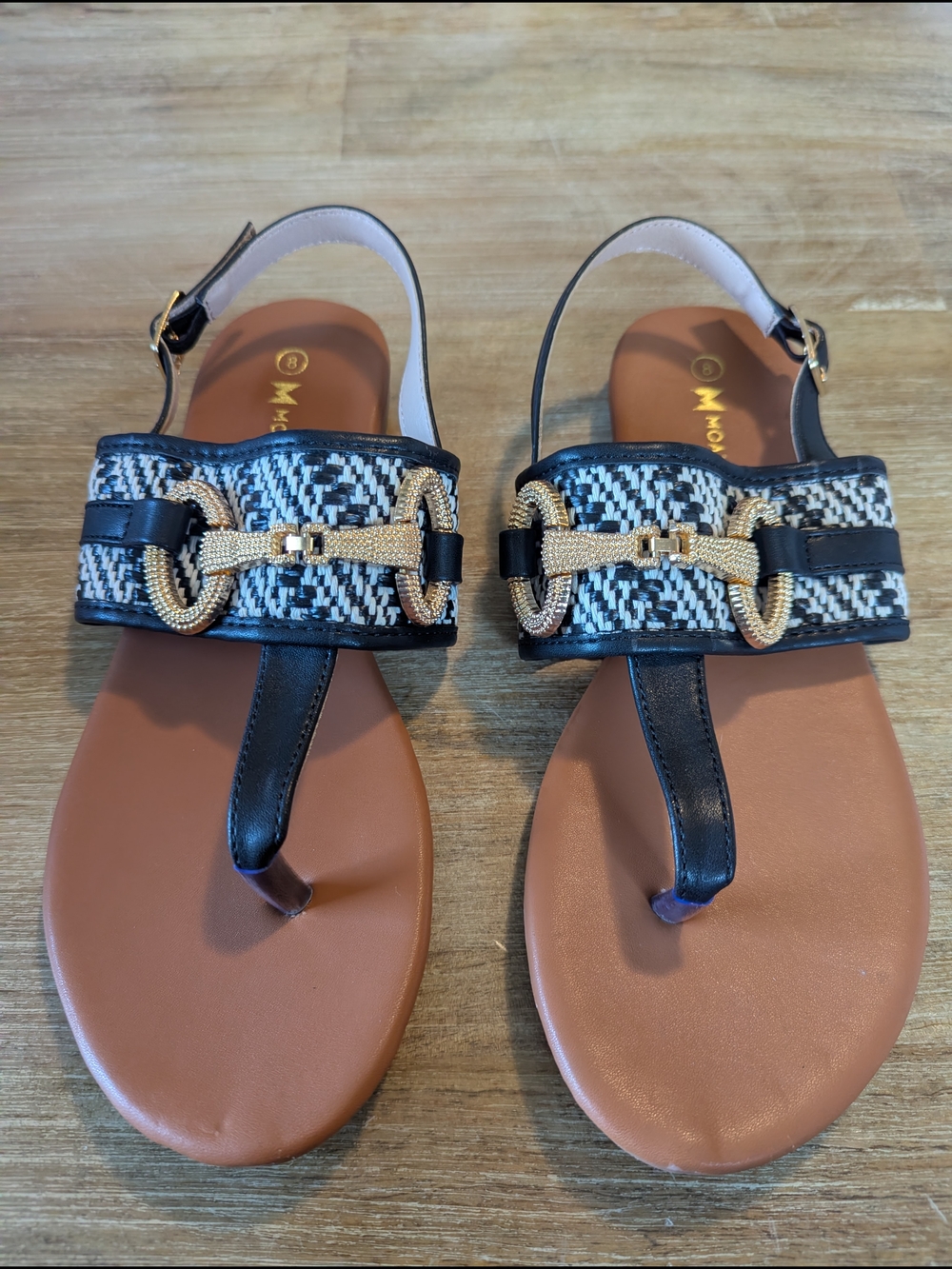 Woven Black & Brown T-Strap Sandals with Gold Chain Accent